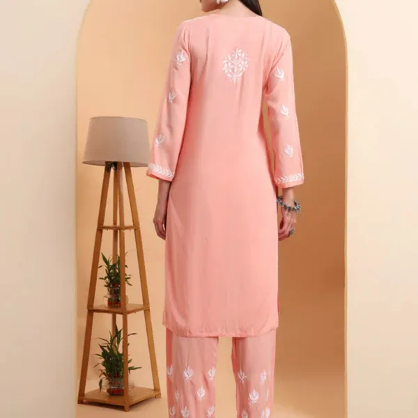 Peach_Rayon_Chikankari_Kurta_Set_For_Women