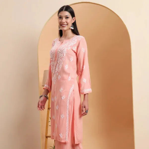 Peach_Rayon_Chikankari_Kurta_Set_For_Women