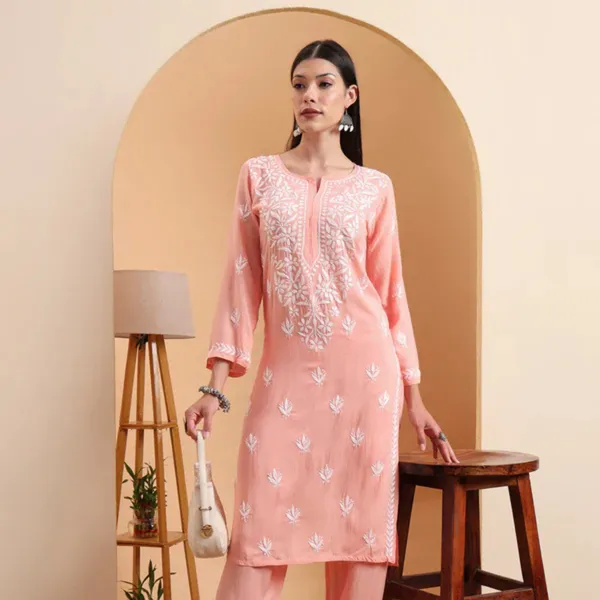 Peach_Rayon_Chikankari_Kurta_Set_For_Women