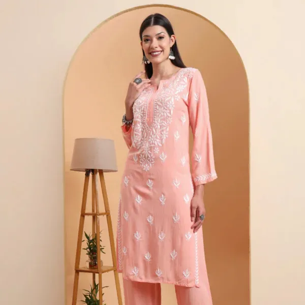 Peach_Rayon_Chikankari_Kurta_Set_For_Women