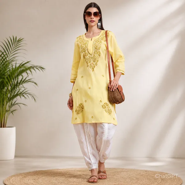 Yellow_Khadi_Cotton_Chikankari_Kurta_For_Women