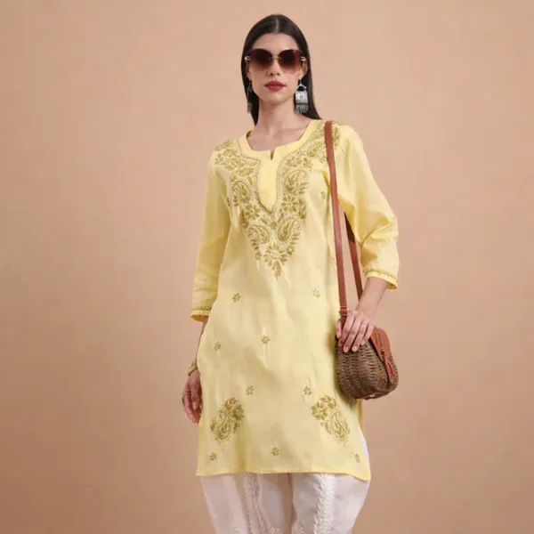 Yellow_Khadi_Cotton_Chikankari_Kurta_For_Women