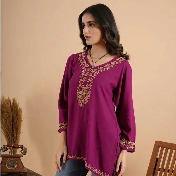 Wine_Rayon_Chikankari_Short_Kurti_For_Women
