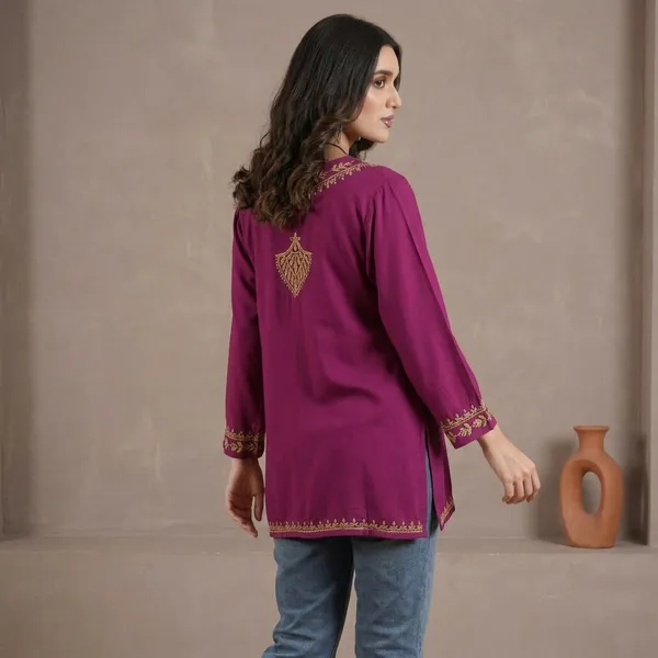 Wine_Rayon_Chikankari_Short_Kurti_For_Women