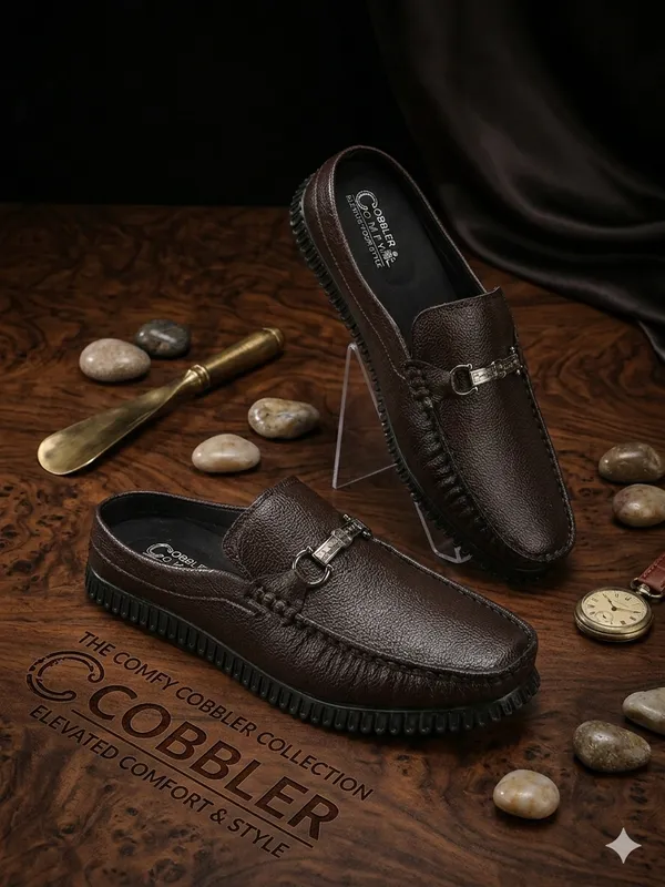 Brown_Textured_Leather_Metallic_Buckle_Loafers_For_Men