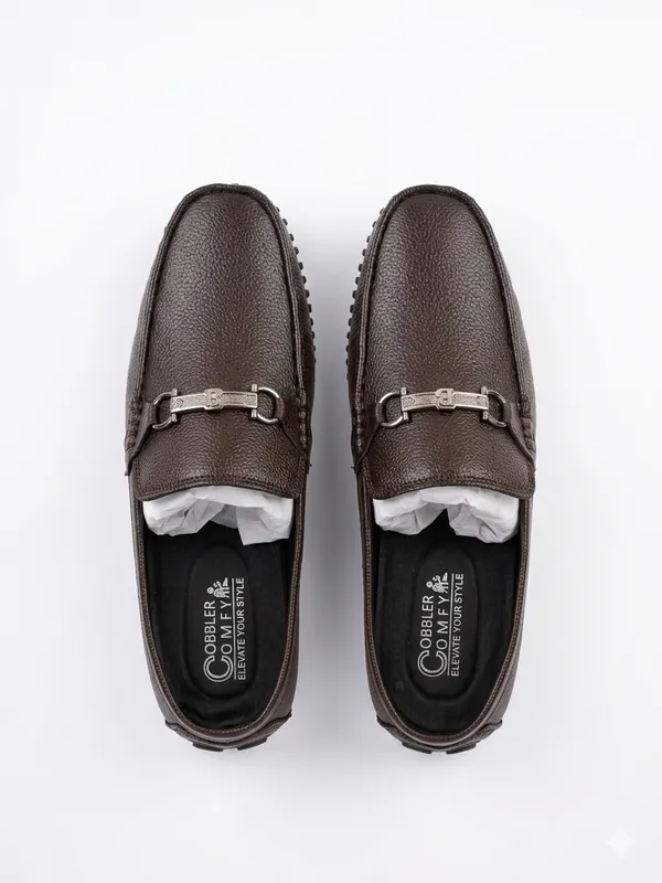 Brown_Textured_Leather_Metallic_Buckle_Loafers_For_Men