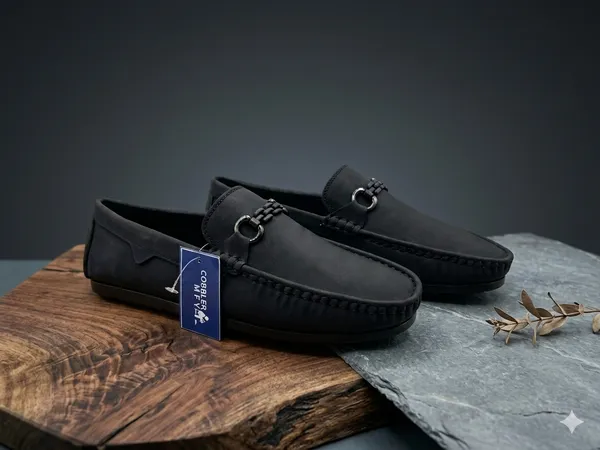 Black_Synthetic_Leather_Chain-Detail_Slip-On_Loafers_For_Men