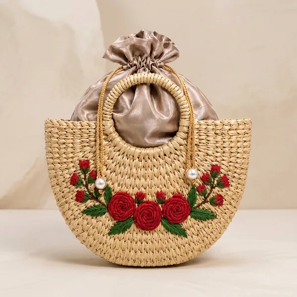 Beige_Woven_Straw_Floral_Embroidered_Round_Handbag_With_Satin_Pouch