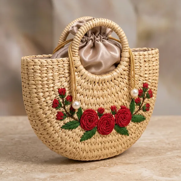 Beige_Woven_Straw_Floral_Embroidered_Round_Handbag_With_Satin_Pouch