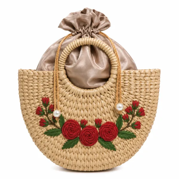 Beige_Woven_Straw_Floral_Embroidered_Round_Handbag_With_Satin_Pouch