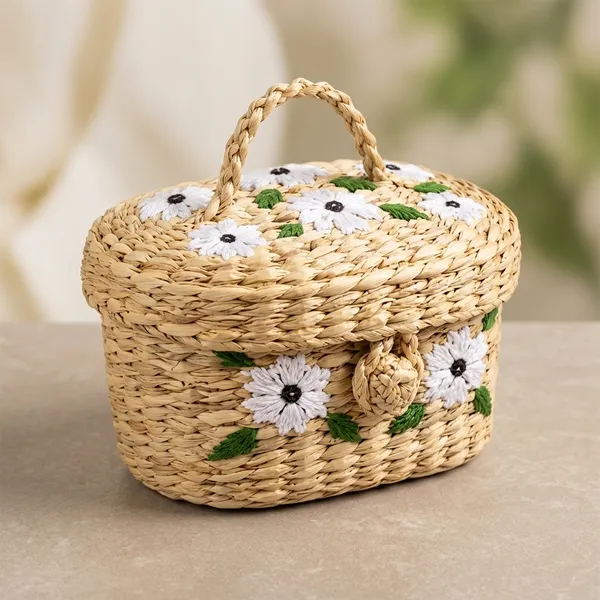 Natural_Seagrass_Floral_Embroidered_Oval_Storage_Basket_With_Lid