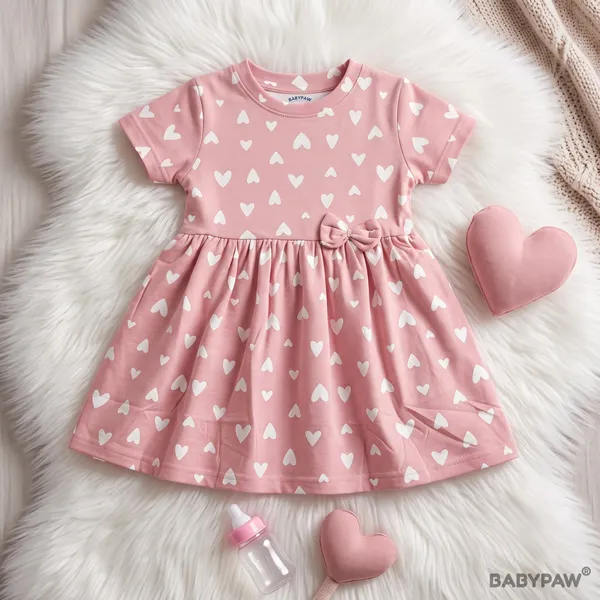 Girls_Daisy_And_Heart_Print_Short_Sleeve_Frock_With_Waist_Bow_-_Pack_Of_2