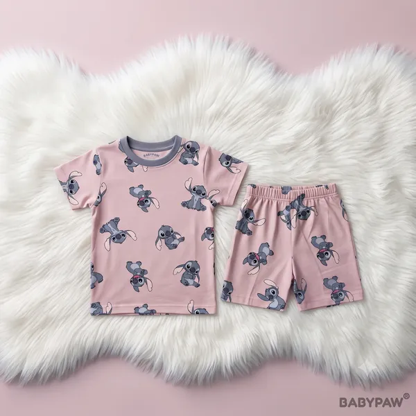 Unisex_Mauve_Pink_Cartoon_Cotton_T_Shirt_And_Shorts_Co_Ord_Set