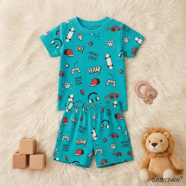 Unisex_Graffiti_Doodle_Print_Cotton_T_Shirt_And_Shorts_Co_Ord_Set
