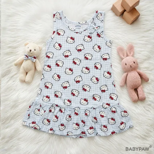Girls_Hello_Kitty_And_Daisy_Print_Sleeveless_Drop_Waist_Frock_With_Shoulder_Bow_-_Pack_Of_2