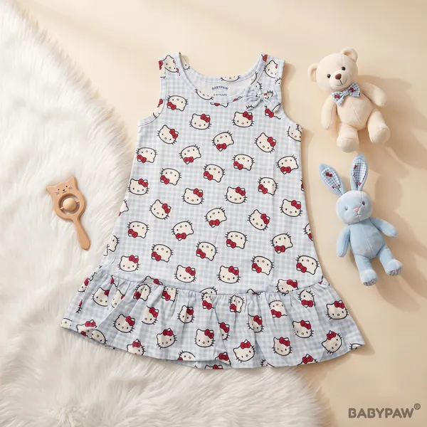 Hello_Kitty_Gingham_Print_Sleeveless_Drop_Waist_Frock_With_Shoulder_Bow_For_Girls