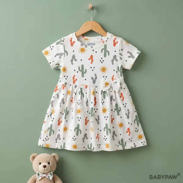 Sweet_Cactus_Print_Short_Sleeve_Frock_With_Waist_Bow_For_Girls
