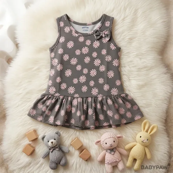 Sweet_Daisy_Print_Sleeveless_Drop_Waist_Frock_With_Shoulder_Bow_For_Girls