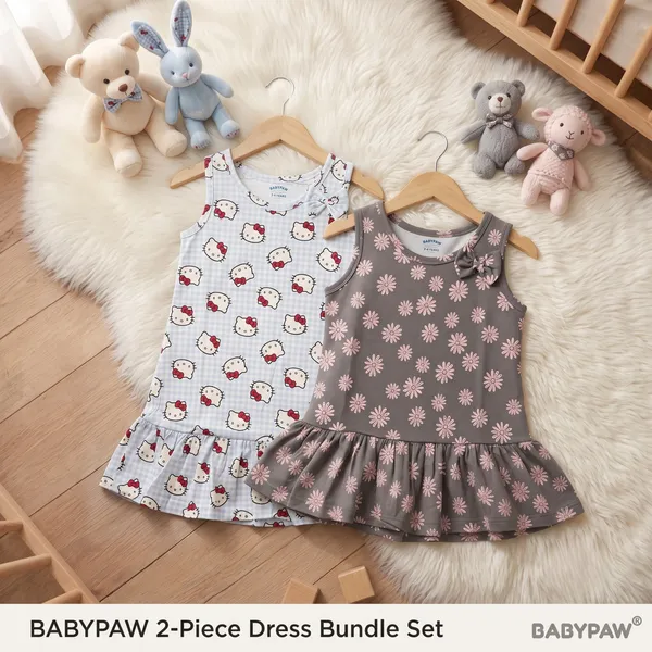 Girls_Hello_Kitty_And_Daisy_Print_Sleeveless_Drop_Waist_Frock_With_Shoulder_Bow_-_Pack_Of_2