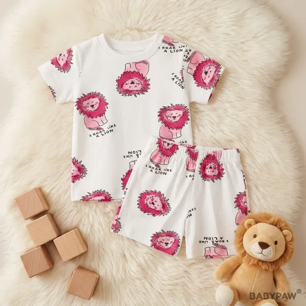Unisex_Cartoon_Lion_Print_Cotton_T_Shirt_And_Shorts_Co_Ord_Set