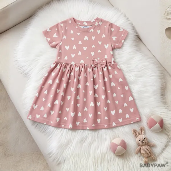 Pink_Hearts_Print_Short_Sleeve_Frock_With_Waist_Bow_For_Girls