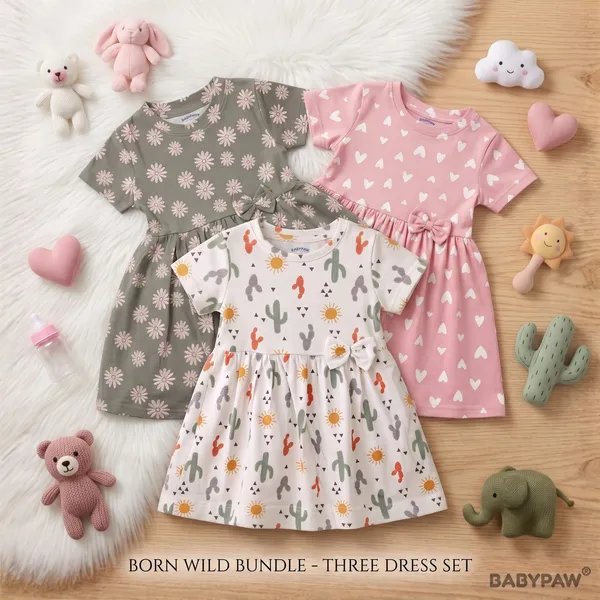 Girls_Born_Wild_Short_Sleeve_Frock_With_Waist_Bow_Combo_Set_-_Pack_Of_3