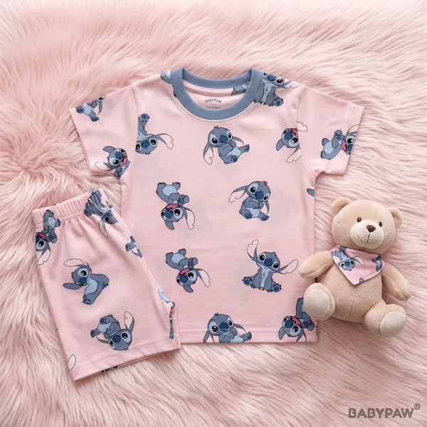 Unisex_Mauve_Pink_Cartoon_Cotton_T_Shirt_And_Shorts_Co_Ord_Set