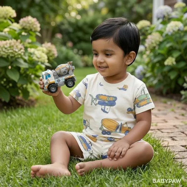 Unisex_Little_Builder'S_Trucks_Cotton_T_Shirt_And_Shorts_Co_Ord_Set