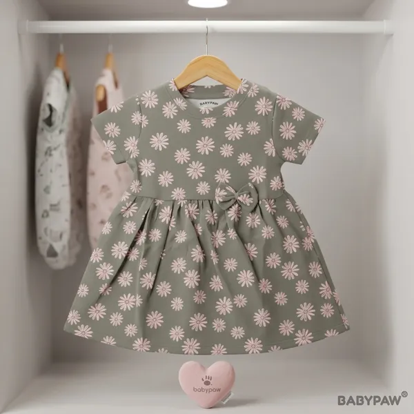 Sweet_Daisy_Print_Short_Sleeve_Frock_With_Waist_Bow_For_Girls