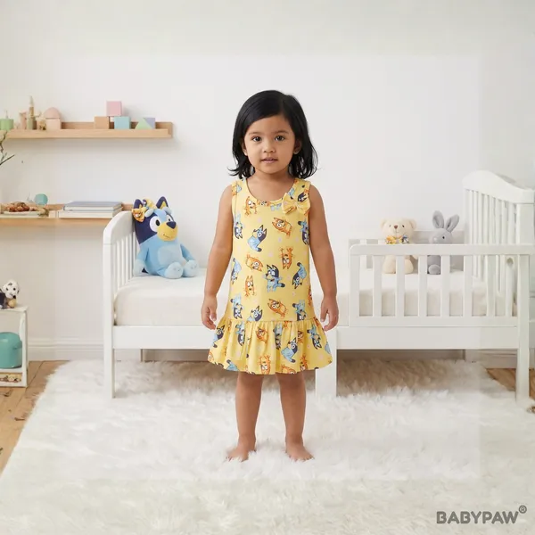 Bluey_Bingo_Cartoon_Print_Sleeveless_Drop_Waist_Frock_With_Shoulder_Bow_For_Girls