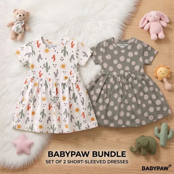 Girls_Cactus_And_Daisy_Print_Short_Sleeve_Frock_With_Waist_Bow_-_Pack_Of_2