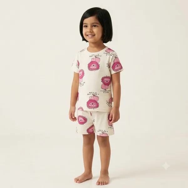 Unisex_Cartoon_Lion_Print_Cotton_T_Shirt_And_Shorts_Co_Ord_Set