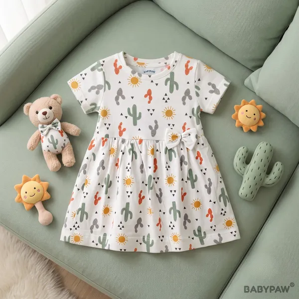 Girls_Heart_And_Cactus_Print_Short_Sleeve_Frock_With_Waist_Bow_-_Pack_Of_2