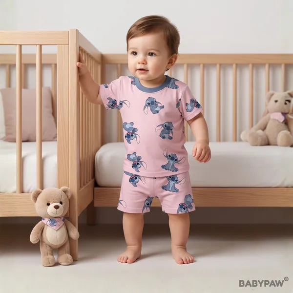 Unisex_Mauve_Pink_Cartoon_Cotton_T_Shirt_And_Shorts_Co_Ord_Set