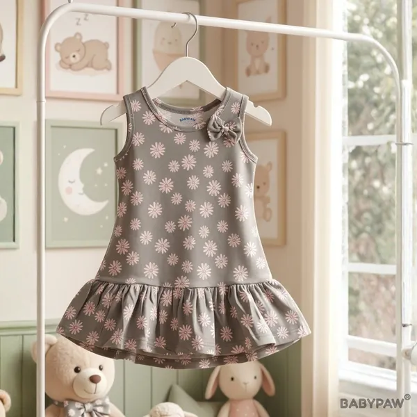 Sweet_Daisy_Print_Sleeveless_Drop_Waist_Frock_With_Shoulder_Bow_For_Girls