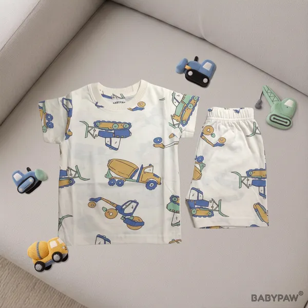 Unisex_Little_Builder'S_Trucks_Cotton_T_Shirt_And_Shorts_Co_Ord_Set
