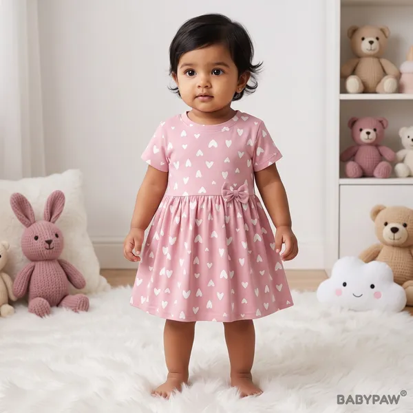 Pink_Hearts_Print_Short_Sleeve_Frock_With_Waist_Bow_For_Girls