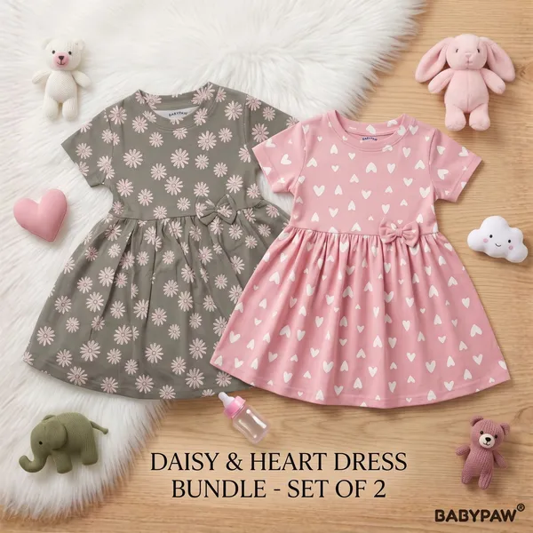Girls_Daisy_And_Heart_Print_Short_Sleeve_Frock_With_Waist_Bow_-_Pack_Of_2