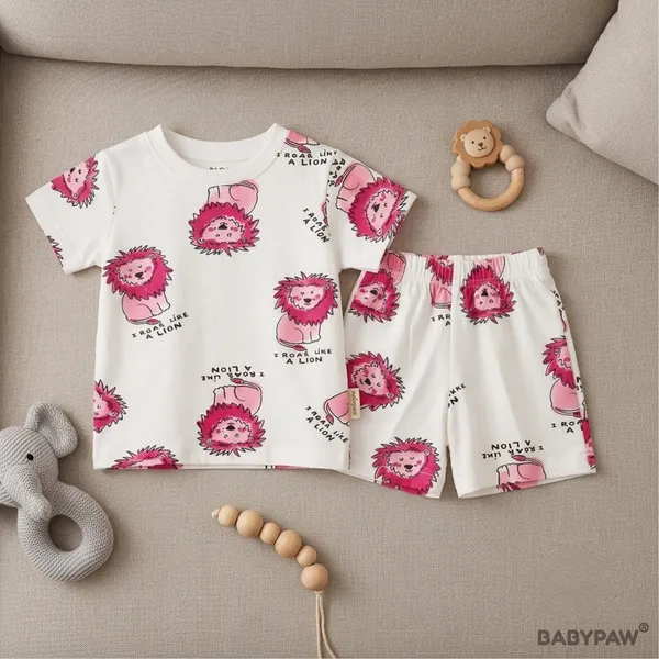Unisex_Cartoon_Lion_Print_Cotton_T_Shirt_And_Shorts_Co_Ord_Set
