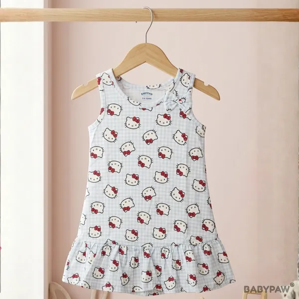 Hello_Kitty_Gingham_Print_Sleeveless_Drop_Waist_Frock_With_Shoulder_Bow_For_Girls