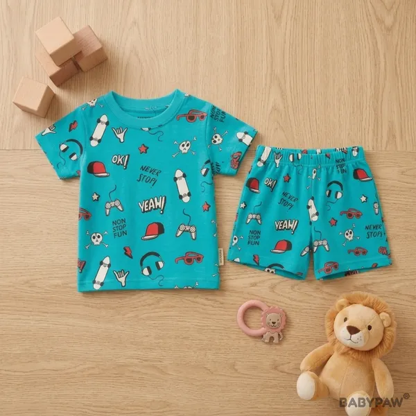 Unisex_Kids_Cartoon_Lion_And_Graffiti_Print_T_Shirt_And_Shorts_Co_Ord_Set_-_Pack_Of_2
