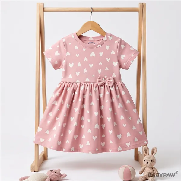Pink_Hearts_Print_Short_Sleeve_Frock_With_Waist_Bow_For_Girls