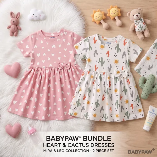 Girls_Heart_And_Cactus_Print_Short_Sleeve_Frock_With_Waist_Bow_-_Pack_Of_2