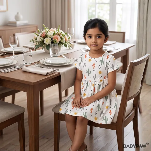 Sweet_Cactus_Print_Short_Sleeve_Frock_With_Waist_Bow_For_Girls
