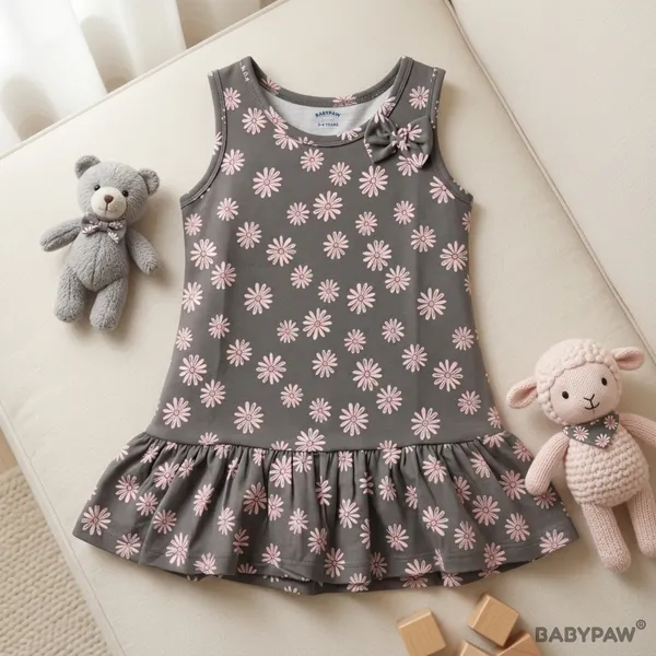 Girls_Hello_Kitty_And_Daisy_Print_Sleeveless_Drop_Waist_Frock_With_Shoulder_Bow_-_Pack_Of_2
