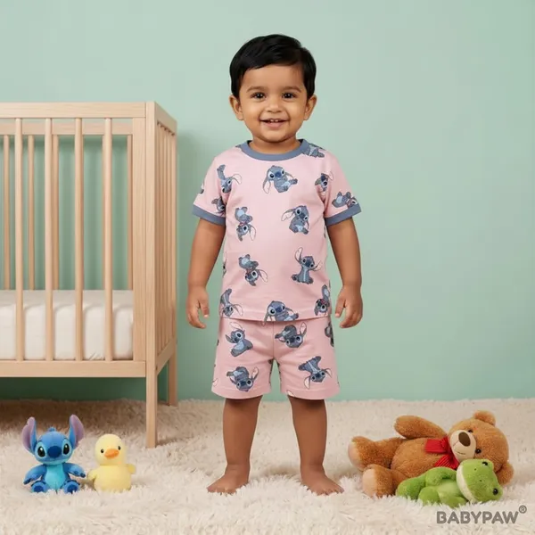 Unisex_Mauve_Pink_Cartoon_Cotton_T_Shirt_And_Shorts_Co_Ord_Set