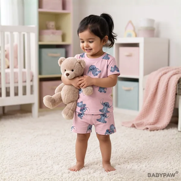 Unisex_Mauve_Pink_Cartoon_Cotton_T_Shirt_And_Shorts_Co_Ord_Set