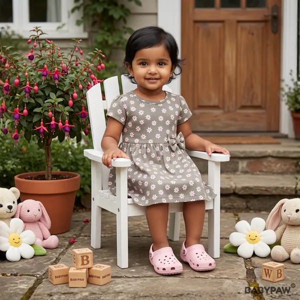 Sweet_Daisy_Print_Short_Sleeve_Frock_With_Waist_Bow_For_Girls