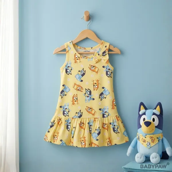 Bluey_Bingo_Cartoon_Print_Sleeveless_Drop_Waist_Frock_With_Shoulder_Bow_For_Girls