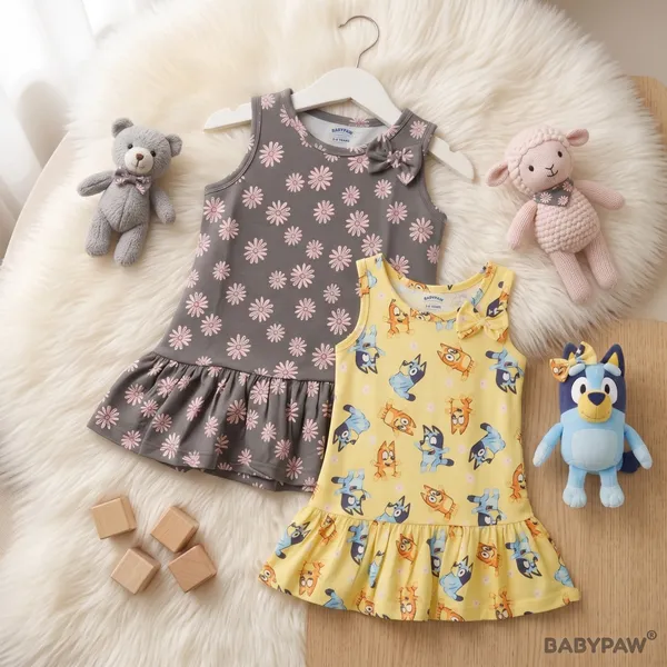Girls_Daisy_And_Bluey_Print_Sleeveless_Drop_Waist_Frock_With_Shoulder_Bow_-_Pack_Of_2